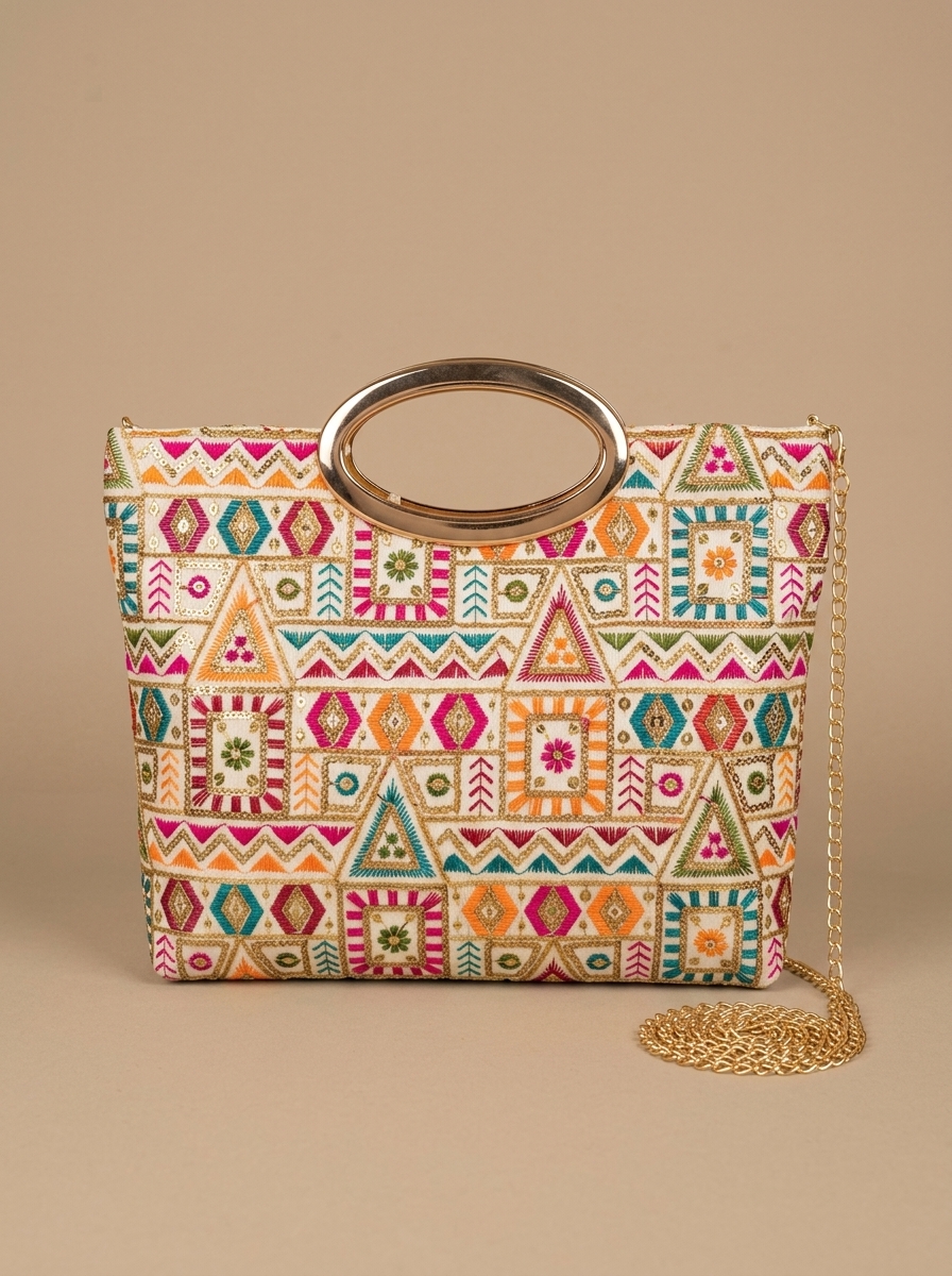 Geometric Embroidered Handbag with Metallic Handle and Sling Chain