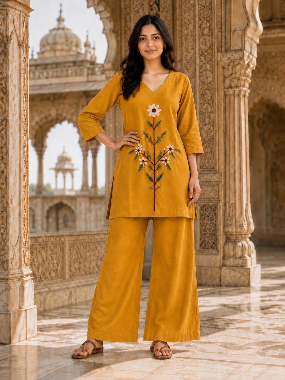 Mustard Floral Embroidery Cotton Coord Set