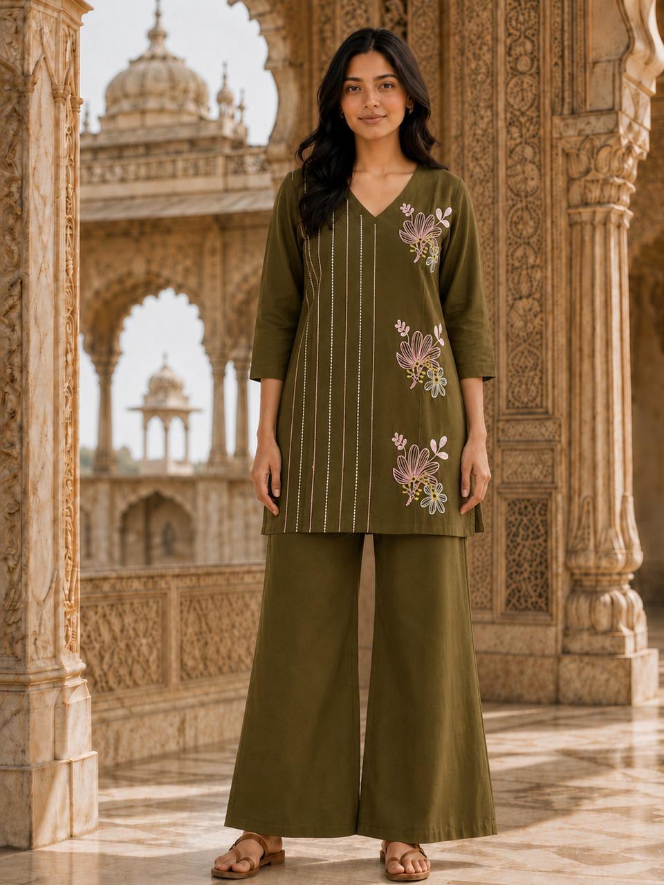 Olive Green Floral Embroidery Cotton Coord Set